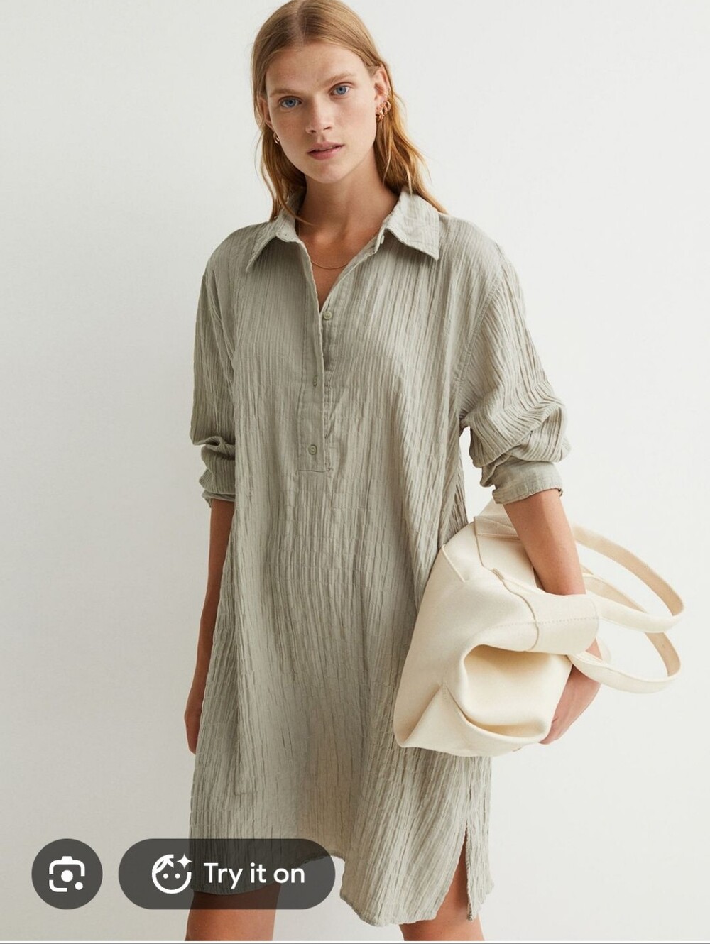 H&M Linen Sage Green Long Sleeve Mini Dress Size Small